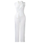 Beige sleeveless summer jumpsuit with collar, lace-up front, and wide-leg bottoms by Plush Fashion Hub.