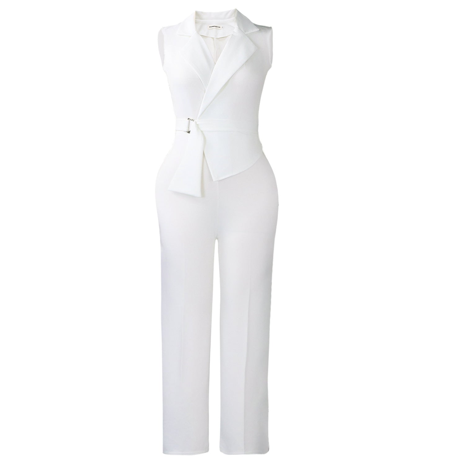 Beige sleeveless summer jumpsuit with collar, lace-up front, and wide-leg bottoms by Plush Fashion Hub.