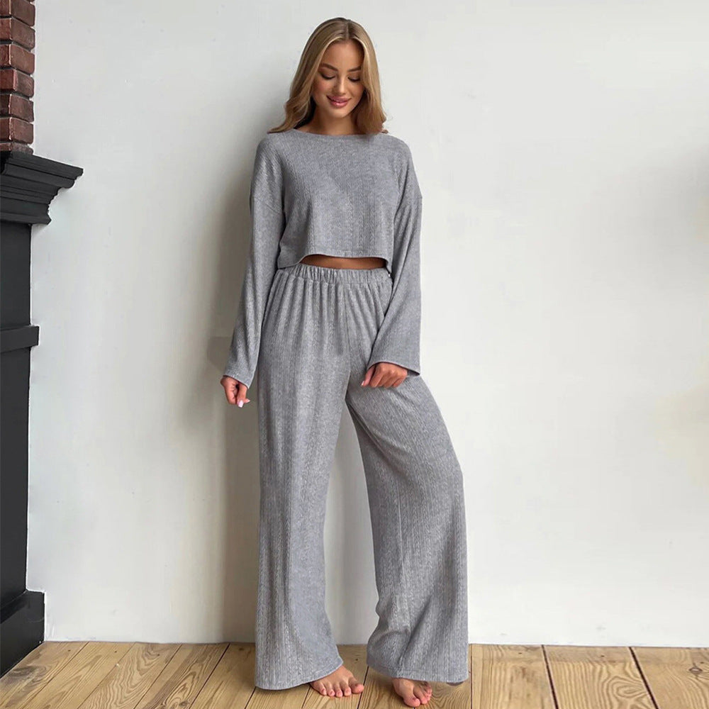 Gray long sleeve pajama trousers set for women with winter wheat jacquard pattern, cozy home wear from Plush Fashion Hub.