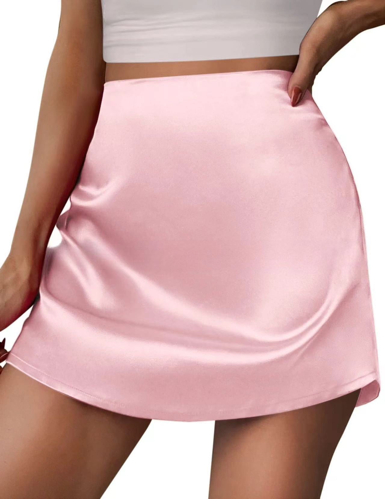 Bella Mia women's satin mini A-line pleated high-waist skirt, stylish and elegant women's bottom with a smooth satin finish.