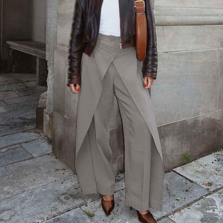 High waist French minority design women's trousers with loose, irregular wide-leg style, ideal for casual spring wear.