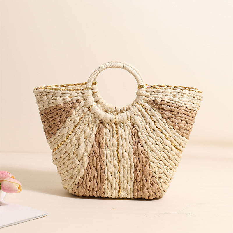 Large capacity straw-weaved Bella Mia bag with contrast color handles, ideal for beach, vacation, or vegetable shopping.