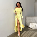 Plush Fashion Hub sexy off-shoulder long sleeve sheath dress with cutout details and autumn slit, stylish and elegant for women.