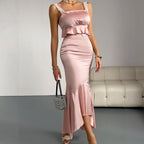 Pink satin backless fishtail dress by Bella Mia featuring a fitted silhouette, suitable for weddings, cocktails, or parties.