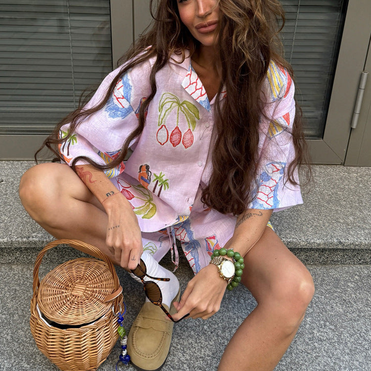 Summer women’s digital print casual two-piece shirt and shorts set with collared short sleeve top and matching shorts by Plush Fashion Hub.