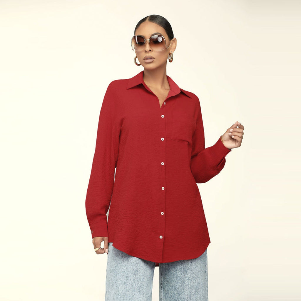 Bella Mia women's long sleeve solid color casual top, loose fit, perfect for fall, shown in a natural pose.
