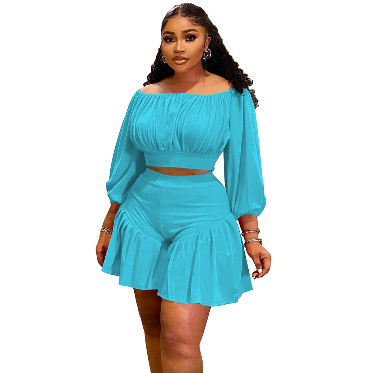 Plus size women's matching set by Plush Fashion Hub with pleated off-neck top and fluffy waist-trimming pants, casual two-piece outfit.