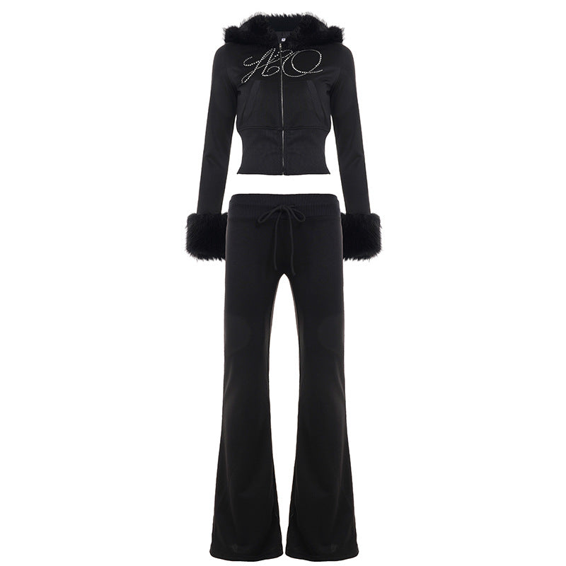 Bella Mia casual furry long-sleeve zipper sweater coat and rhinestone sweatpants two-piece set, stylish autumn winter bottoms.