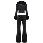 Bella Mia casual furry long-sleeve zipper sweater coat and rhinestone sweatpants two-piece set, stylish autumn winter bottoms.