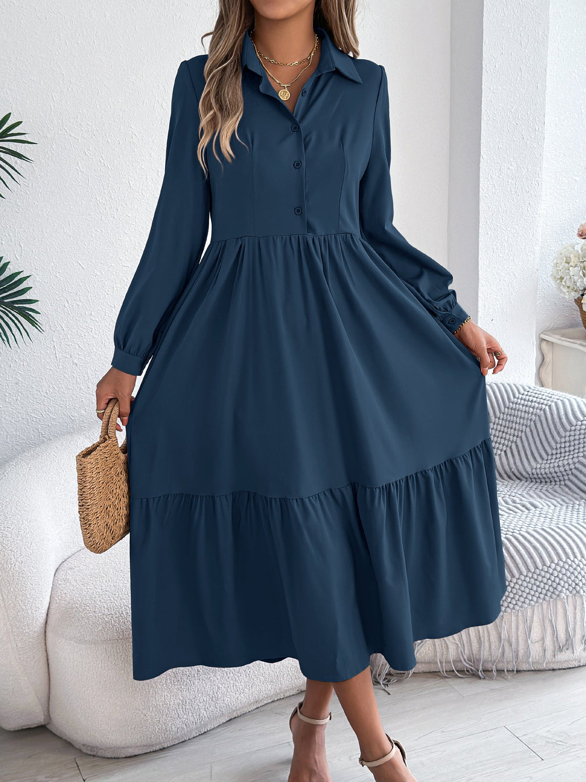 Casual long sleeve ruffled shirt dress for women in autumn winter, featuring a collar and loose fit from Plush Fashion Hub.