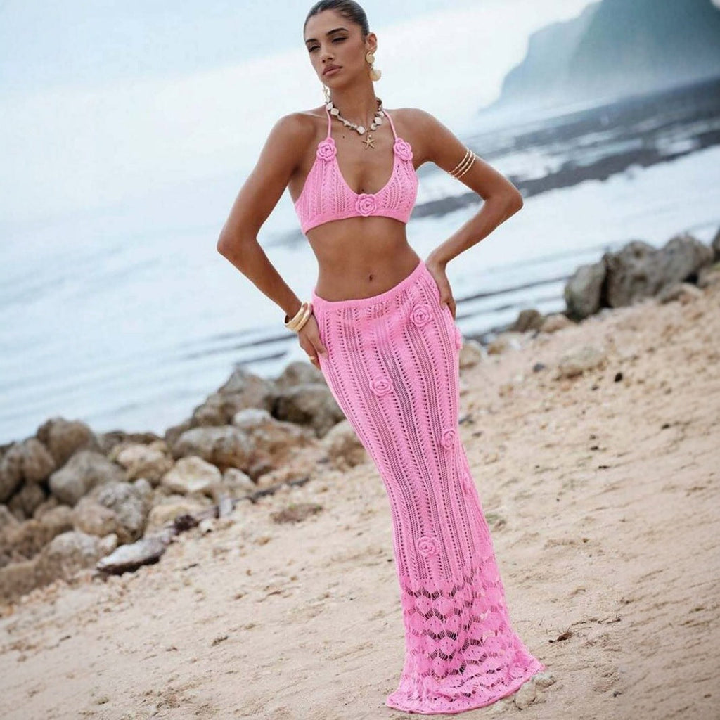 Floral knitted bikini halter top and matching cropped dress swimsuit by Plush Fashion Hub, featuring a floating floral design.