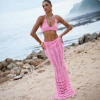 Floral knitted bikini halter top and matching cropped dress swimsuit by Plush Fashion Hub, featuring a floating floral design.