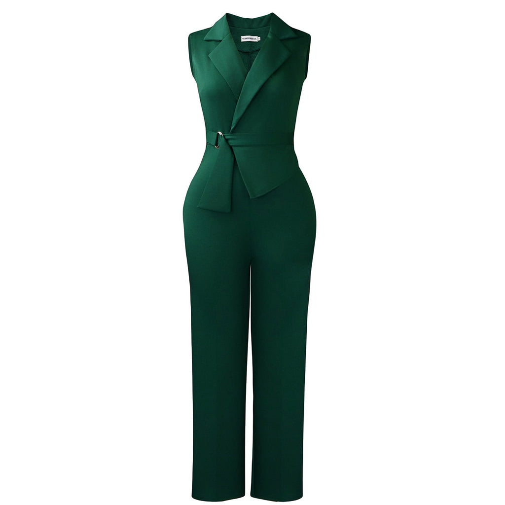 Plush Fashion Hub summer sleeveless collar lace-up wide-leg pants jumpsuit, solid color, stylish and comfortable bottoms.
