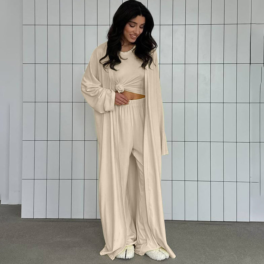 Bella Mia three-piece summer pajamas set with solid color knitted top and loose trousers, perfect for comfortable home wear.