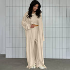 Bella Mia three-piece summer pajamas set with solid color knitted top and loose trousers, perfect for comfortable home wear.