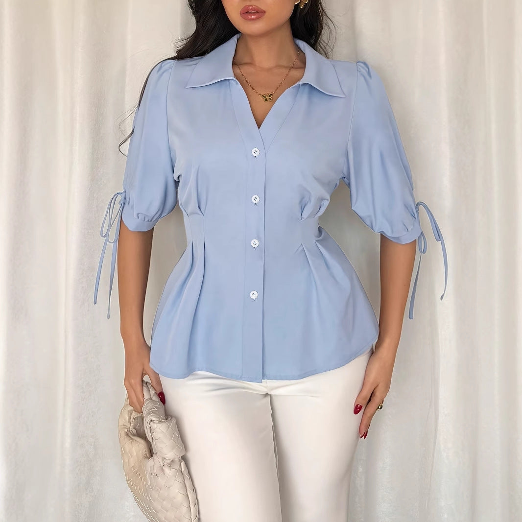 Office Spring Summer Waist Tight Waist a Swing Short Sleeve Cuff Lace up Design Pleated Slim Shirt Women Professional Bella Mia