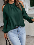 Bella Mia women's autumn winter solid color pleated off-shoulder blouse with lotus leaf round neck and long sleeves.