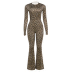 Leopard print long sleeve jumpsuit for women with high waist, round neck, slim fit, backless design from Plush Fashion Hub