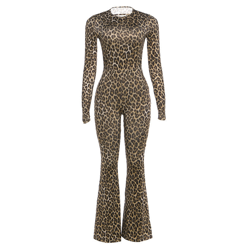 Leopard print long sleeve jumpsuit for women with high waist, round neck, slim fit, backless design from Plush Fashion Hub