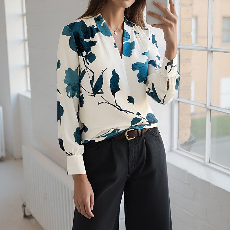 Bella Mia long sleeve floral printed shirt with ink floral design, perfect for spring and autumn casual wear.