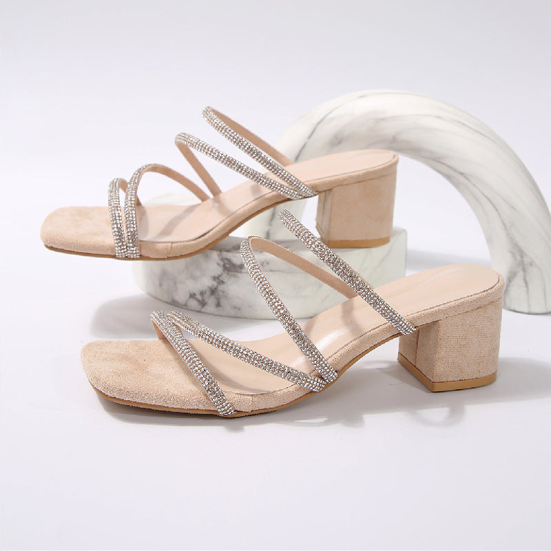 Plush Fashion Hub women's chunky heel rhinestone sandals with thin straps, square toe, and mid heel for stylish comfort
