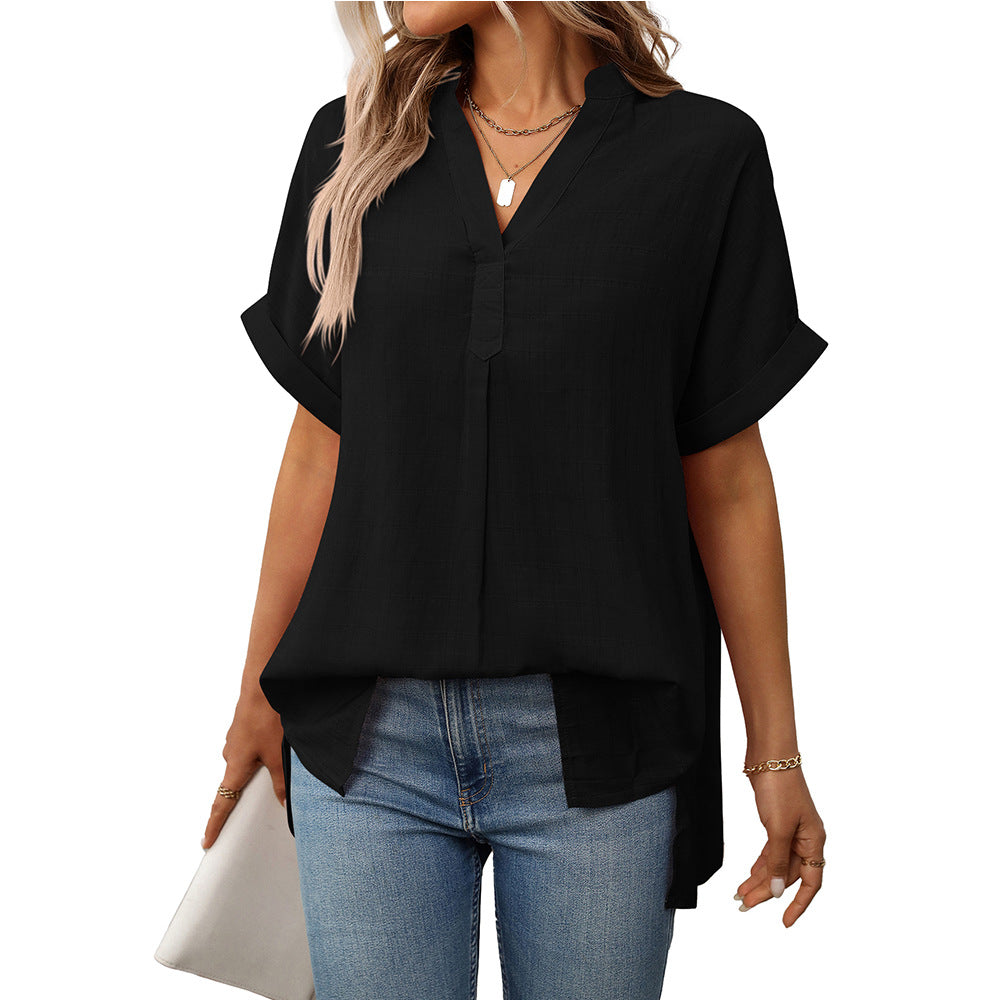 Women’s V neck short sleeve striped plaid shirt by Bella Mia, loose fit summer top with a stylish casual look.