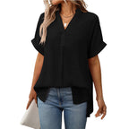 Women’s V neck short sleeve striped plaid shirt by Bella Mia, loose fit summer top with a stylish casual look.