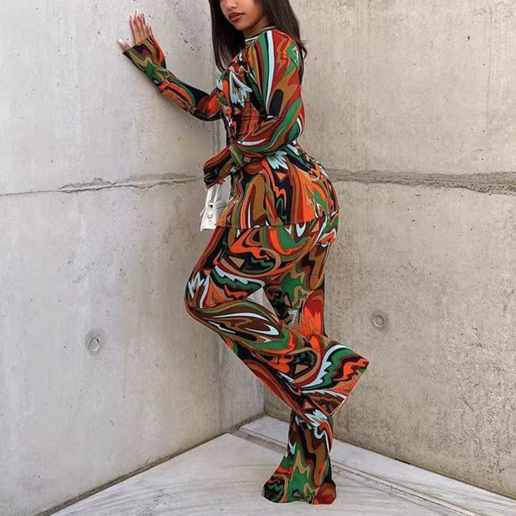 Plush Fashion Hub women's fall deep V plunge suit with printed shirt and wide-leg pants, casual two-piece matching set.