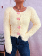 Bella Mia knit cardigan sweater in solid color, cozy mink-like winter office outerwear with cute button details.