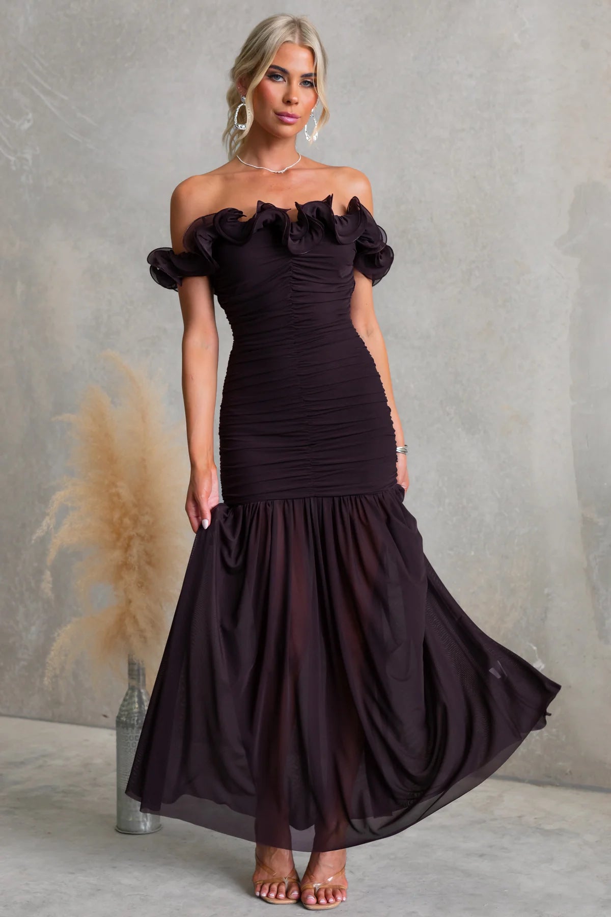 Solid color mesh off-shoulder summer dress by Plush Fashion Shop, slim fit, sexy vacation dress with stylish design.