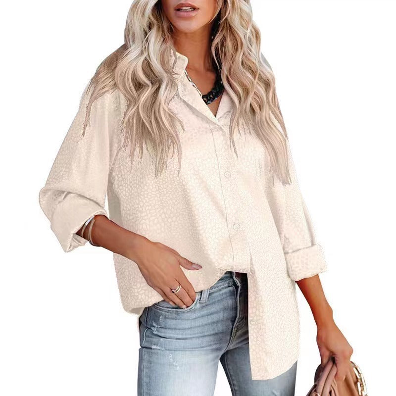 Women’s satin long sleeve shirt by Bella Mia with a gravel pattern, loose fit, perfect for autumn comfort and casual style.