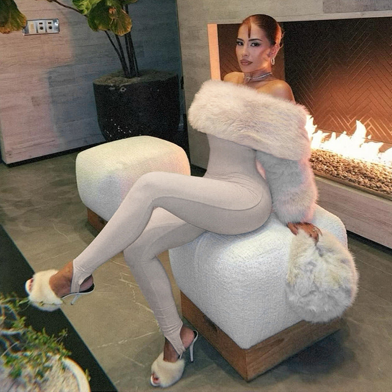 Autumn Winter Women Clothing Sexy Plush Stitching High Waist Slim Solid Color Jumpsuit Bella Mia