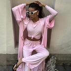 Bella Mia summer three-piece pajamas set with a knitted solid color top and loose trousers for comfortable home wear.