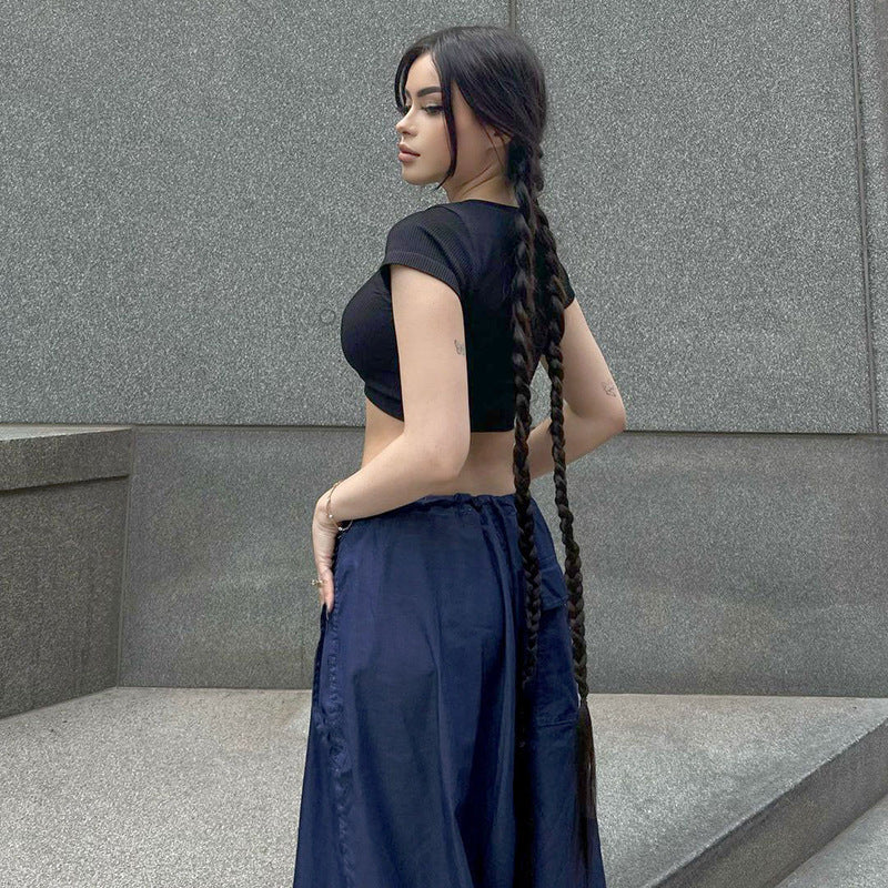 Blue loose woven wide-leg pants for women by Plush Fashion Hub, casual summer streetwear styled for comfort and style.