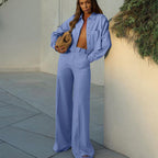Bella Mia women's striped collared long sleeve shirt and loose wide-leg pants two-piece set, casual and stylish clothing for women.
