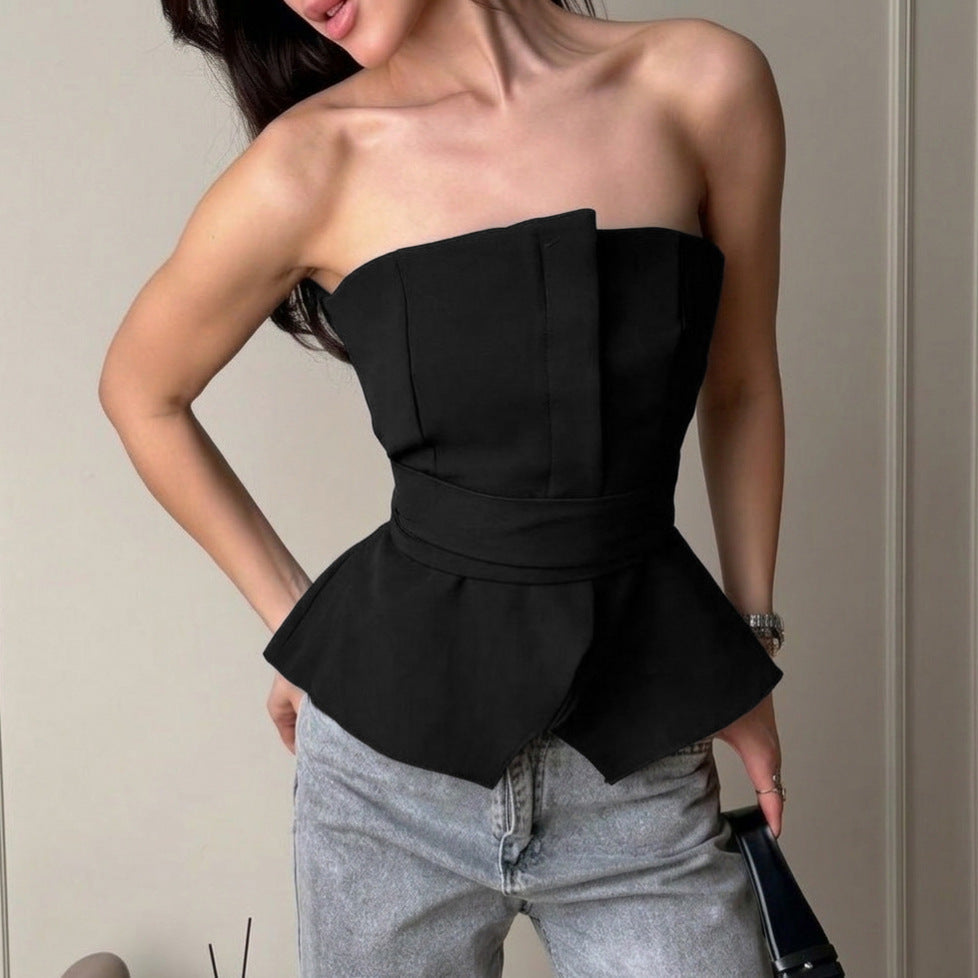 Plush Fashion Hub summer slim fit tied waist tube top with side slit, fashionable women's vest top, stylish and lightweight.