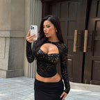 Lace cutout sexy push-up long sleeve top for women in autumn, featuring a fitted design and stylish details.