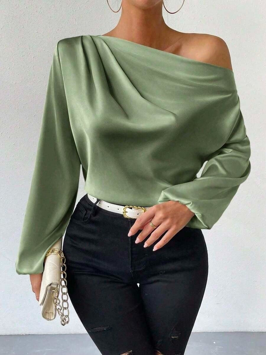 Women's Bella Mia long sleeve satin top with oblique shoulder design, asymmetric fit, solid color, and elegant pullover style.