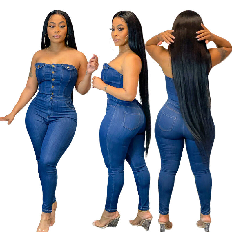 Slim fit denim jumpsuit for women from Plush Fashion Hub featuring a casual tube top design and stylish fit.