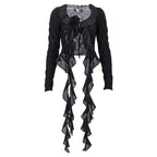 Bella Mia spring stringy selvedge lace-up V-neck mesh cardigan with pleats, long sleeves, and see-through design.