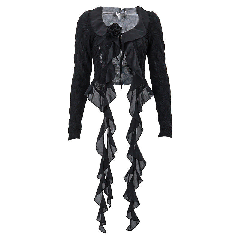 Bella Mia spring stringy selvedge lace-up V-neck mesh cardigan with pleats, long sleeves, and see-through design.