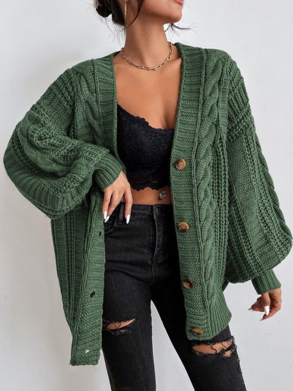 Pink V-neck sweater for women by Bella Mia, featuring retro loose fit, twisted knit, lantern sleeves, and cozy cardigan style outerwear.