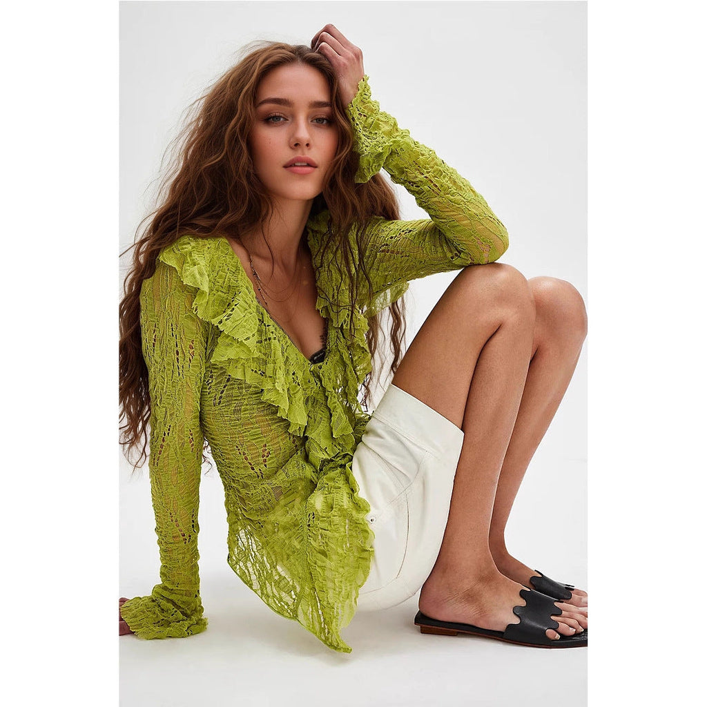 Lace V-neck long sleeve knitted shirt with ruffles for women, featuring a short, stylish autumn top from Plush Fashion Hub.
