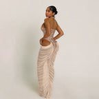 Bella Mia women’s autumn winter ruffle hip dress with see-through mesh, sequined stitching, and stylish design.