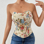 Plush Fashion Hub summer French retro floral print tube top with boning, sexy corset-style outerwear bra, lightweight and stylish.