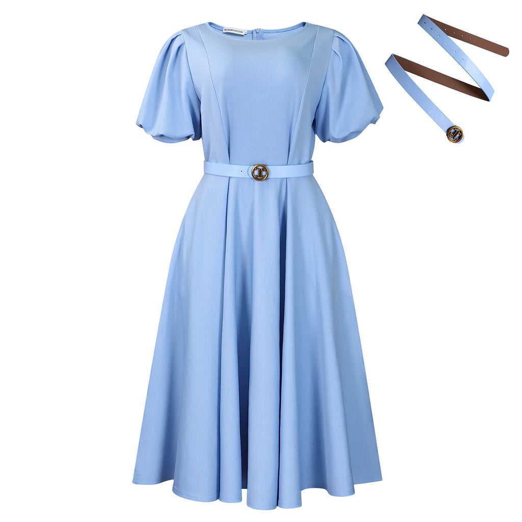 Women’s high waist dress with puff sleeves and round neckline, stylish Plush Fashion Shop women's clothing.