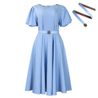 Women’s high waist dress with puff sleeves and round neckline, stylish Plush Fashion Shop women's clothing.
