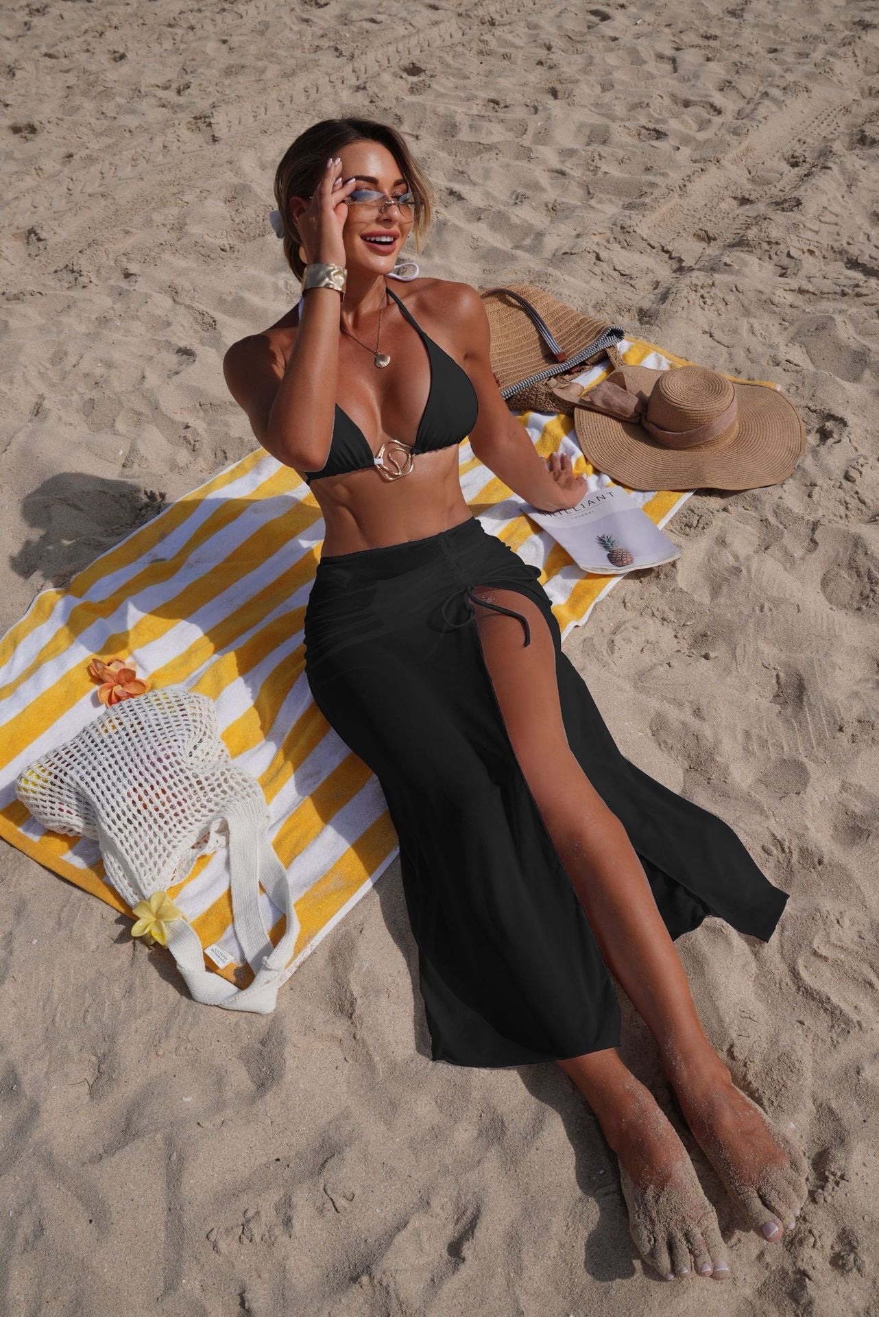 Solid color beach sun protection tulle skirt bottoms from Plush Fashion Hub, part of a sexy three-piece bikini split swimsuit set.