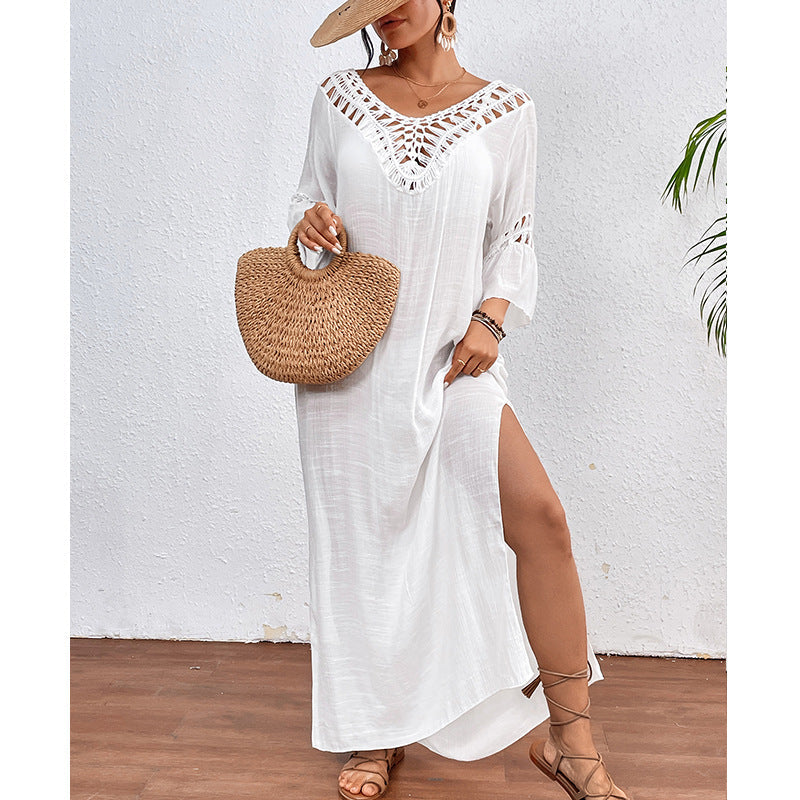Colorful hand-crocheted women’s beach long overskirt with cutout backless design, loose fit, by Bella Mia.