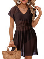 Casual V-neck sleeveless mesh dress with cinched waist, short sleeves, by Plush Fashion Hub, perfect for warm weather.